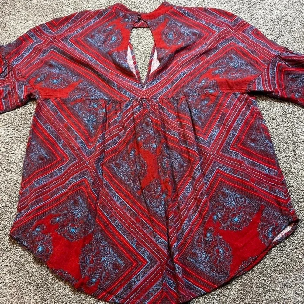 Free People Walking on a Dream Red & Blue Printed Long Sleeve‎ Tunic large